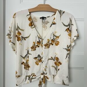 Dynamite Cream and Brown Floral Tie-Front Blouse
